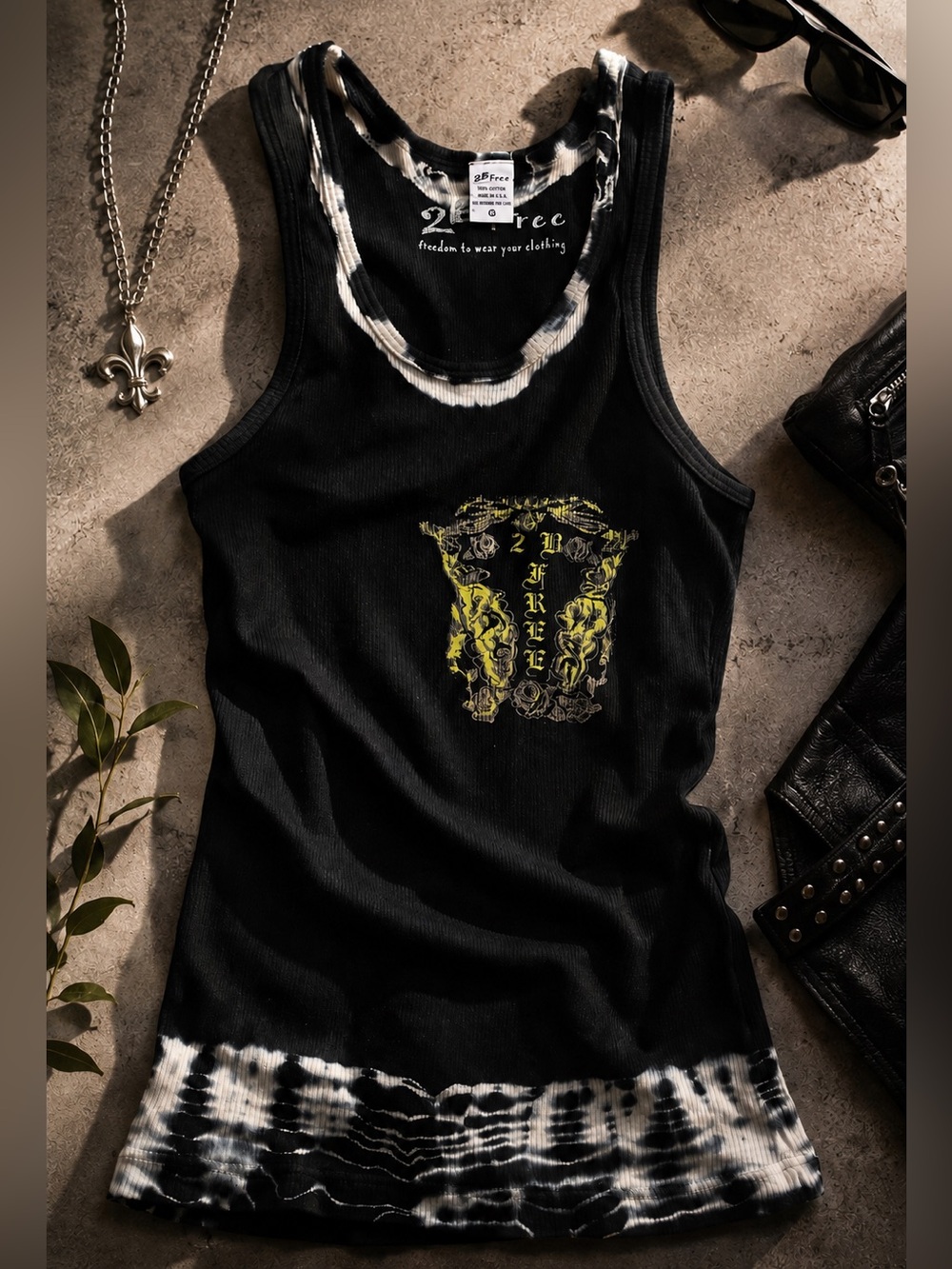 2B Free Y2K Black Tie Dye Graphic Tank Top Tattoo Goth Roses Skull Small